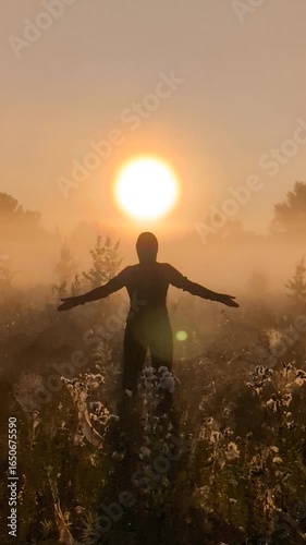 
Silhouette embraces the rising sun in morning golden mist.