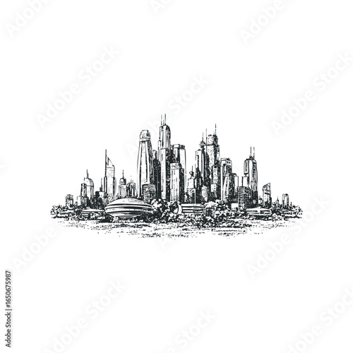 Diverse modern metropolis skyline with architectural variety and waterfront