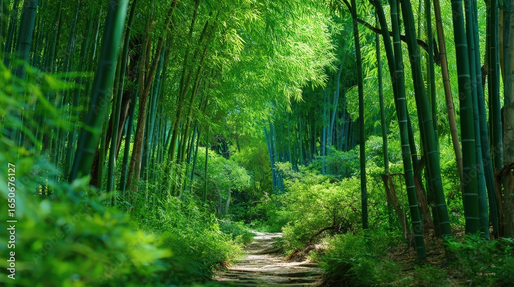 Fototapeta premium Serene Green Bamboo Forest Path Winding Through Lush Foliage isolated on a transparent background