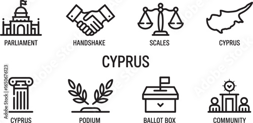 Cyprus Governmental and Legal Icons Representing Parliament, Handshake, Scales, and Community