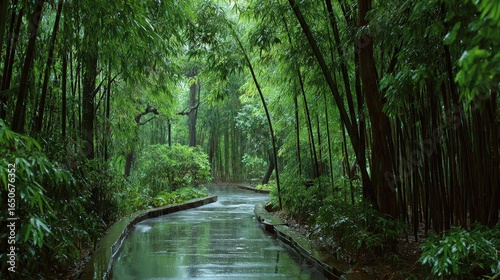 Fototapeta Naklejka Na Ścianę i Meble -  Serene Winding Path Through Lush Green Bamboo Forest After Rain isolated on a transparent background