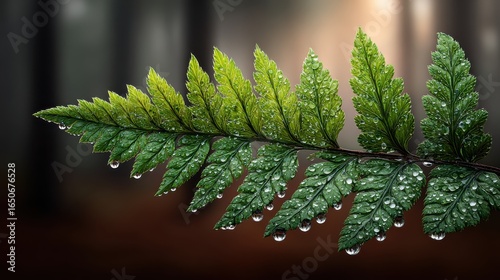 Lush Green Fern Leaf with Water Droplets in Dreamy Forest Background