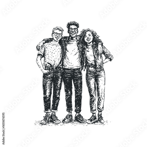 Three friends embracing and smiling with arms around each other