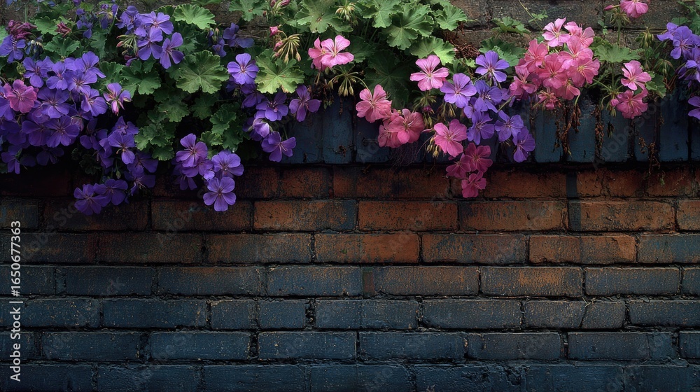Fototapeta premium Vibrant flowers cascading over brick wall