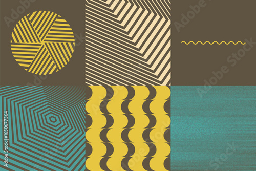 Geometric pattern. One wavy line. Hexagon. Dotted texture. Striped circle sectors. Vector illustration for brochure, poster, cover, card, presentation, flyer or banner.