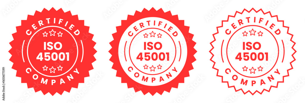 Obraz premium ISO 45001 Certified Company Stamp Badge Seal, Label Quality Assurance Compliance Mark for Occupational Health and Safety Management Standard Certification Vector Illustration on Transparent Background