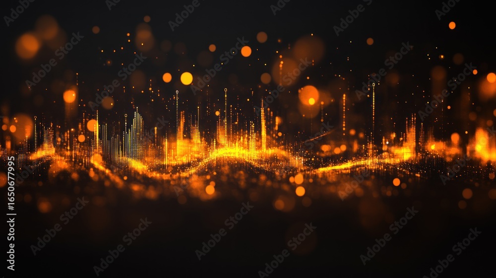 Fototapeta premium Golden abstract city skyline with glowing lights and bokeh effect on dark background