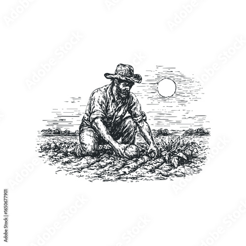 Man farmer harvesting crops by hand in a field with a textured sky
