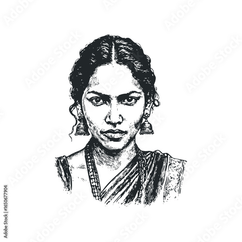 Pen and ink sketch of an Indian woman with elaborate jewelry and traditional hairstyle