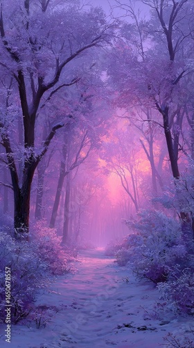 Winter wonderland path, vibrant purple hues