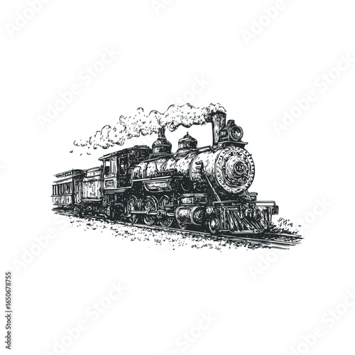 Vintage steam locomotive with smoke billowing from its chimney, traveling on tracks
