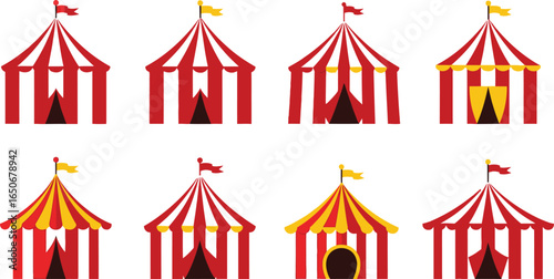 Set of colorful circus tent with stripes editable vector illustration icons