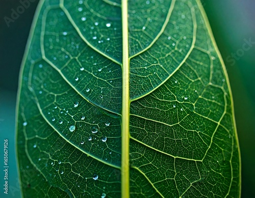 Close-up of a vibrant green leaf with dew drops, showcasing intricate vein patterns and textures, a detailed macro shot of nature's beauty.