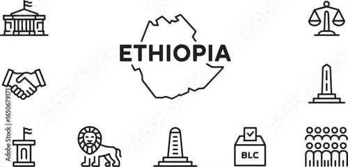 Ethiopia Government Outline with Handshake, Justice Scale, Lion, and Voting Box Icons Vector