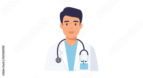 Friendly male doctor character portrait illustration. Young medical professional in a white coat with a stethoscope for healthcare.