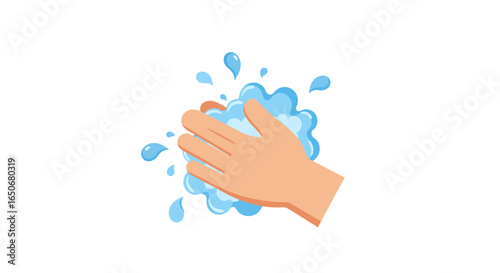 Vector illustration of a hand being washed with soap foam and water splashes, representing hygiene and cleanliness