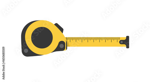 Yellow construction tape measure tool for measuring length. Vector icon of a retractable ruler isolated on a white background for carpentry or DIY projects.