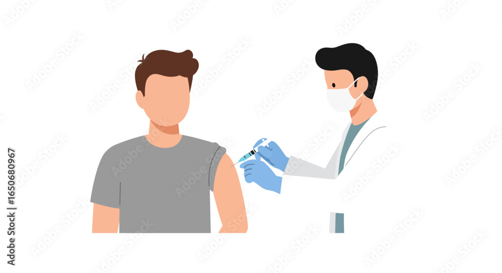 Obraz premium Doctor in a face mask injects a patient with a vaccine. Public health immunization and medical treatment illustration.