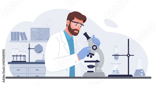 Focused male scientist in a lab coat using a microscope for research and scientific discovery in a modern laboratory.