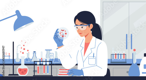 Female researcher meticulously examines a petri dish in a modern laboratory, symbolizing scientific discovery and innovation in biotechnology and healthcare.