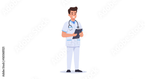 Young male doctor in uniform with stethoscope and medical chart, professional healthcare provider illustration