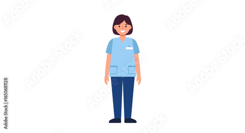Illustration of a cheerful female nurse in uniform smiling in a healthcare setting, isolated on white