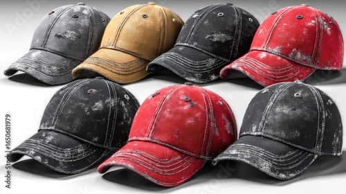 Seven distressed baseball caps in various colors