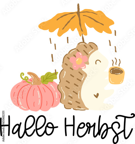 Hallo Herbst, Herbst, Kürbis, Igel, Blatt, Vector Illustration