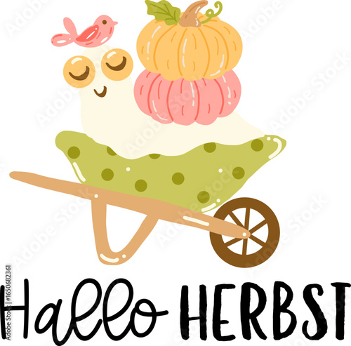 Hallo Herbst, Herbst, Kürbis, Schnecke, Schubkarre, Blatt, Vector Illustration