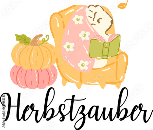 Herbstzauber, Herbst, Kürbis, Igel, Buch, Blatt, Vector Illustration