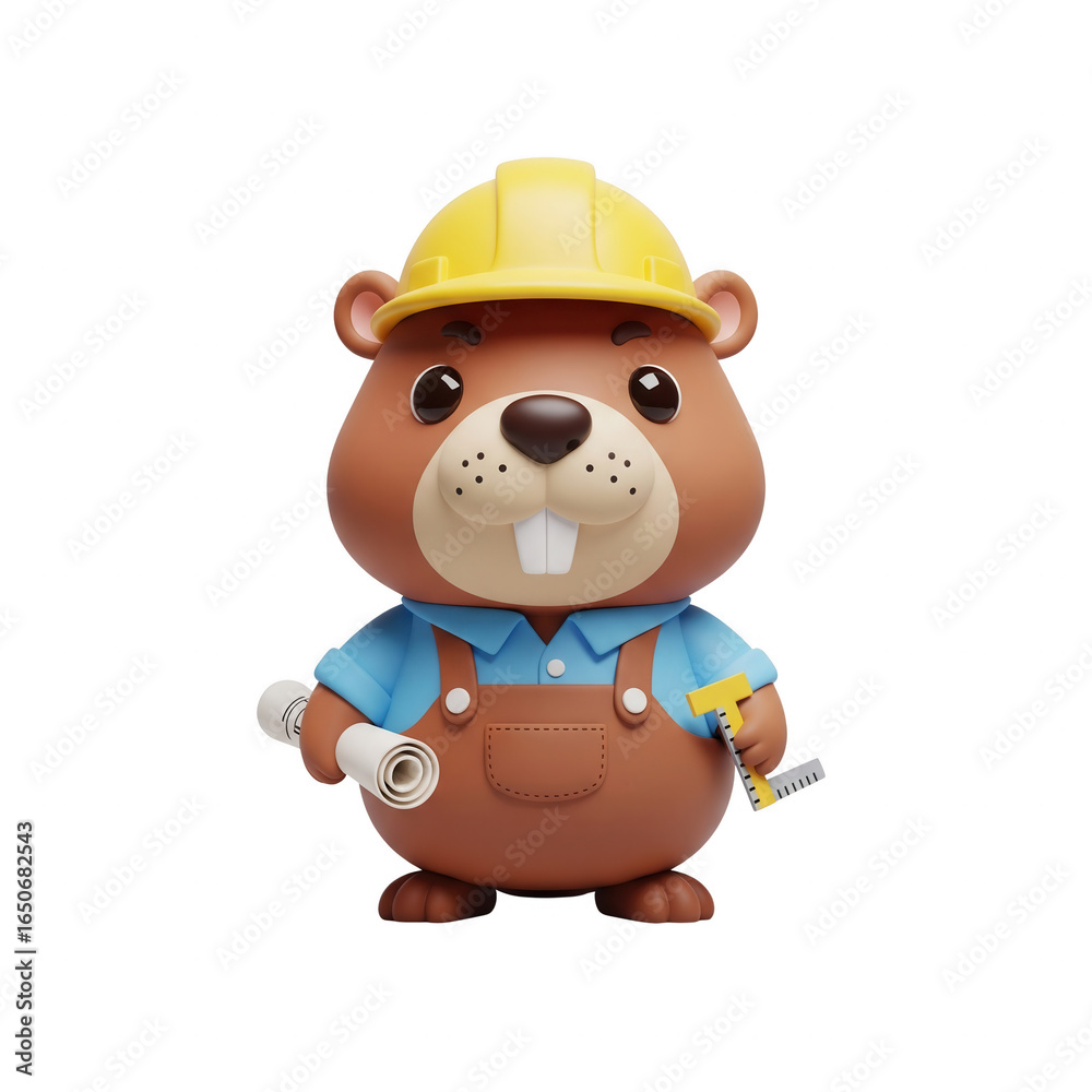 Fototapeta premium Cartoon Beaver Character Wearing a Hard Hat and Holding Construction Tools On transparent Background