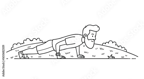 Vector line art illustration of a bearded man doing a push-up exercise as part of his outdoor fitness workout routine
