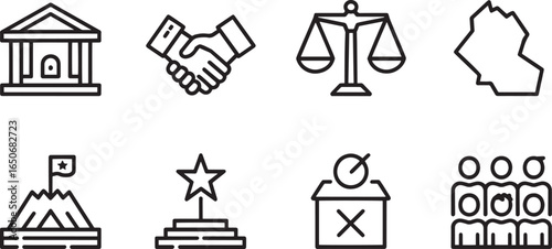 Governmental Symbols Set Building Handshake Scales Iraq Map Mountain Star People Icons