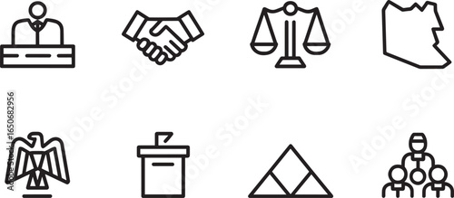 Governmental Symbols Set Judge Handshake Scales Egypt Map Eagle Ballot Pyramid People