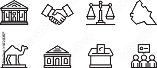 Governmental Symbols Set Building Handshake Scales Jordan Map Camel Ballot People Icons