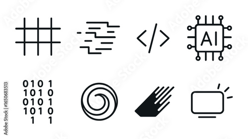 Cyber Icon Set. Outline icon set of cyber gradient designs: digital grid, glitch effect, code line, AI tone,