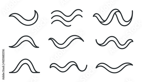 Gradient Wave Icons. Outline icon set of gradient abstract waves: curved ribbon, color stream, twisted line,
