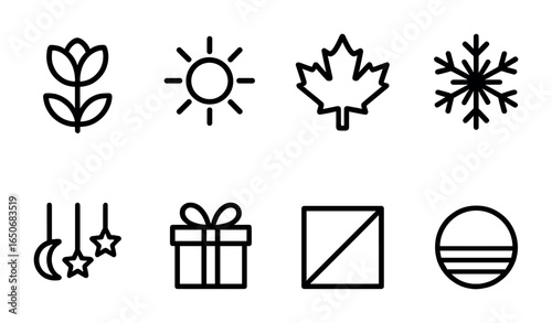 Seasonal Gradient Icons. Outline icon set of gradient seasonal themes: spring fade, summer tone, autumn blend,