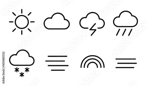 Gradient Weather Icons. Outline icon set of gradient weather icons: sun glow, cloudy fade, storm swirl, rain
