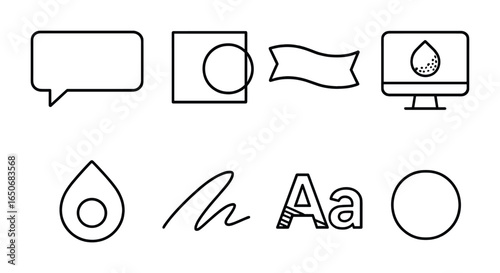 Modern Branding Icons. Outline icon set of gradient branding design: tagline box, logo overlay, brand ribbon,