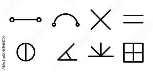 Geometric Line Icons. Outline icon set of geometric connections: straight line, curved line, intersecting