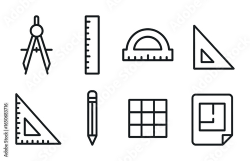 Geometric Tools Icon Set. Outline icon set of geometric construction: compass, ruler, protractor, angle,