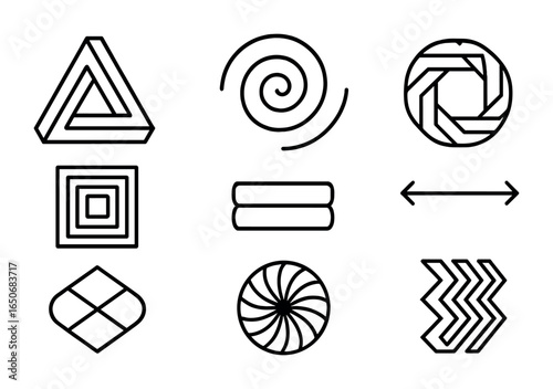 Geometric Illusions Icons. Outline icon set of geometric visual illusions: impossible triangle, rotating