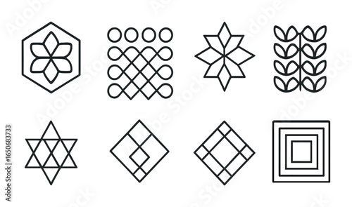 Geometric Pattern Icons. Outline icon set of geometric decorative patterns: floral hexagons, repetitive