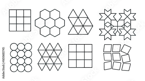 Geometric Tessellation Icons. Outline icon set of geometric tessellations with shapes: square tiles, hexagon