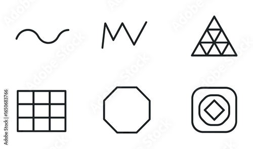 Geometric Design Icons. Outline icon set of geometric design elements: curved line, zigzag shape, nested