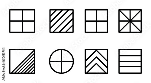 Geometric Icon Set. Outline icon set of geometric color patterns: solid color squares, striped squares,