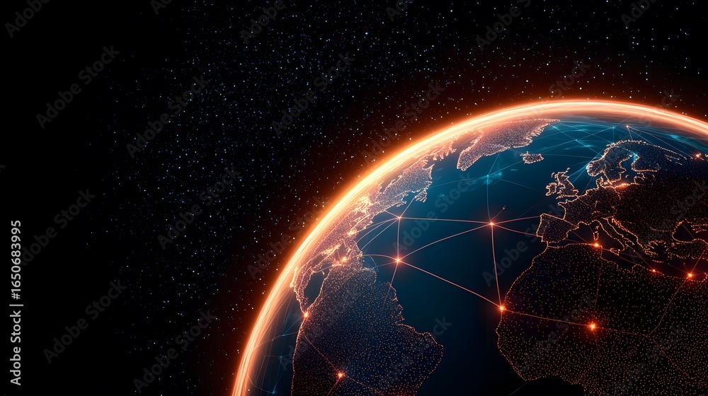 Fototapeta premium An illustration of planet Earth is shown in space, with glowing cities outlined on the continents and global communication connections in line form across the planet.