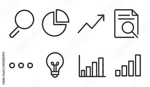Infographic Analytics Icons. Outline icon set of infographic analytics: magnifying glass, pie section, trend