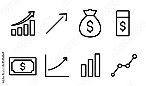 Finance Growth Icons. Outline icon set of flat infographic for finance growth: ROI chart, sales arrow, money